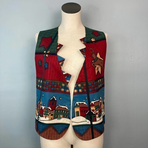 Handmade Applique Embroidered Christmas Vest Folk Art Santa Reindeer Village M - Picture 1 of 12
